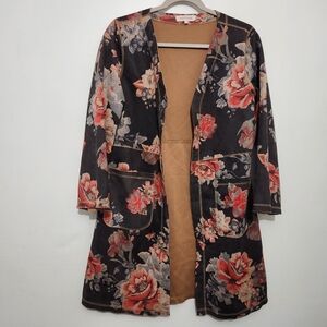 Solitaire Anthropologie Medium M Charcoal Floral Faux Suede Long Jacket Duster